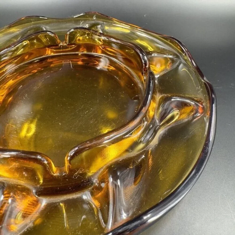 1960s Vintage Amber‎ Glass Ashtray Dish Wavy Edges Vintage Glass Decor 8 In Wide
